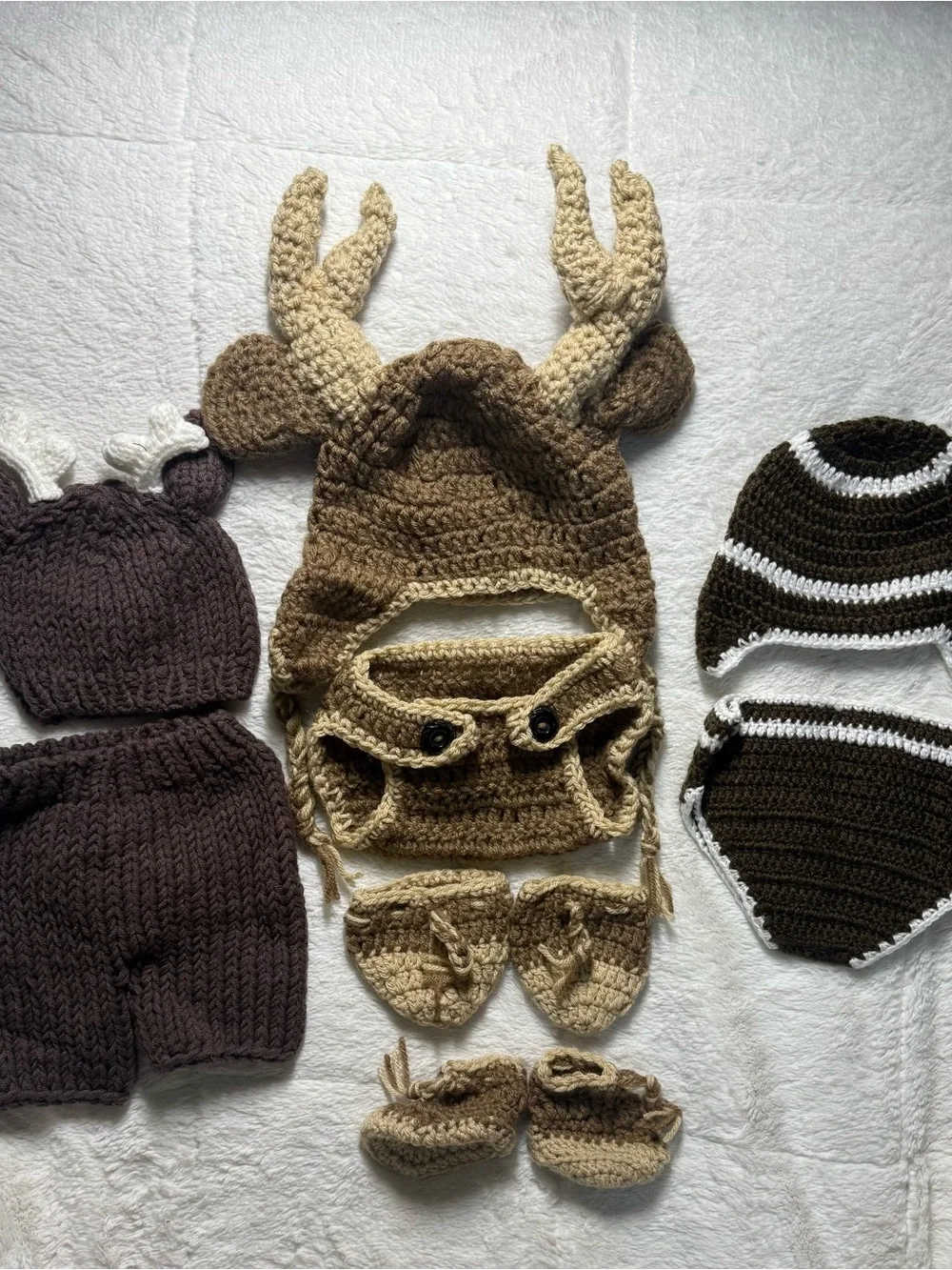 Set of 3 Handmade Deer & Football Knit Hat & Booties for Newborn Pics